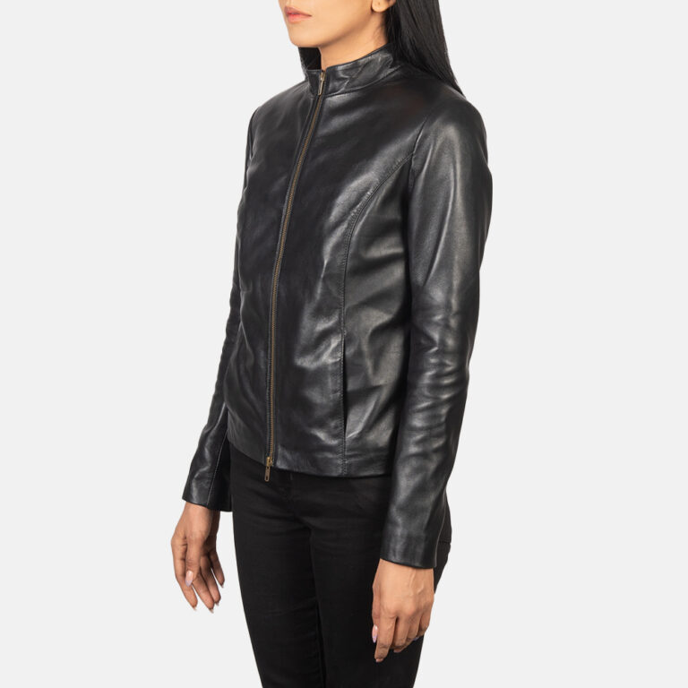 Womens Rumella Black Leather Biker Jacket Side Pose-3-1652188496353